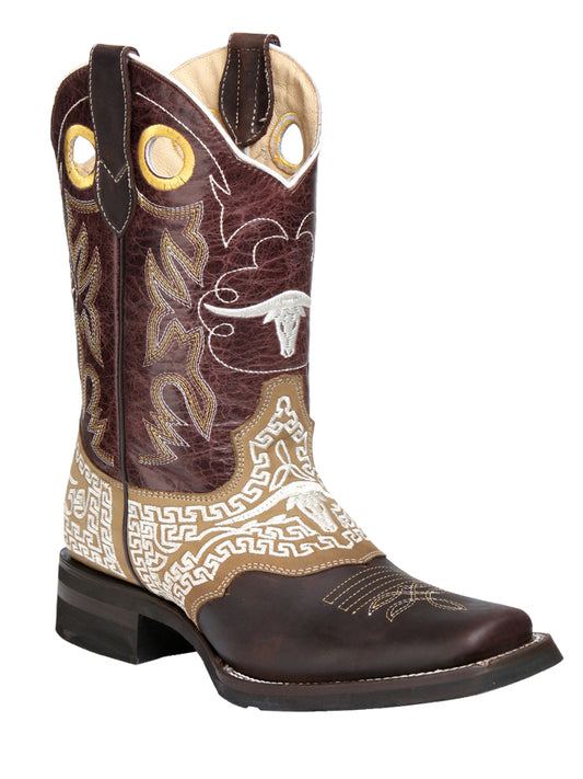 El General Men's Narrow Square Toe Cowboy Boot - Dark Brown - Bull Embroidery 33309
