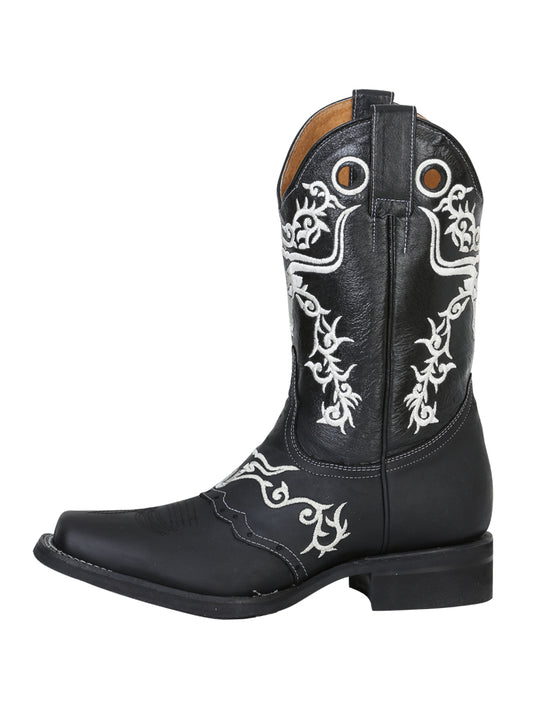 El General Men's Narrow Square Toe Cowboy Boot - Crazy Black Bull Embroidery 34313