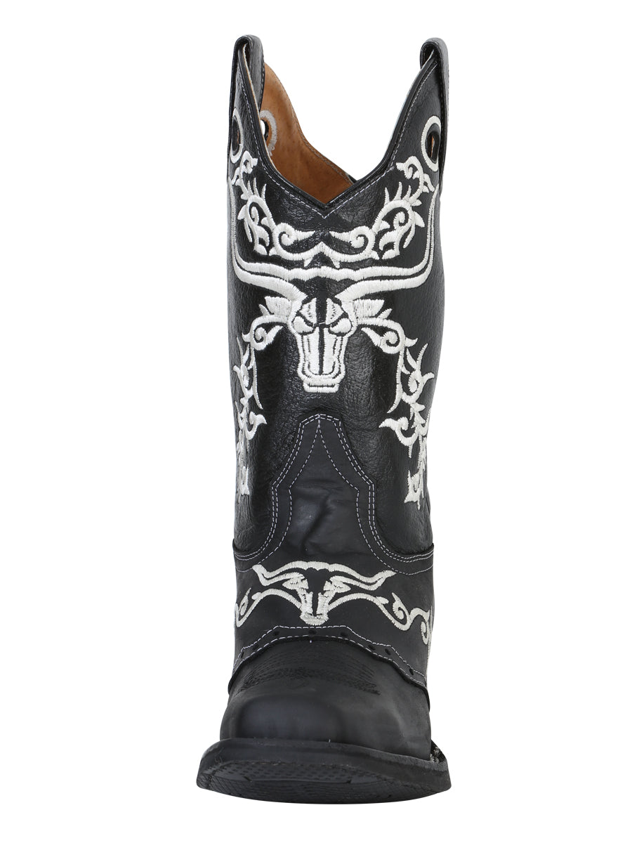 El General Men's Narrow Square Toe Cowboy Boot - Crazy Black Bull Embroidery 34313