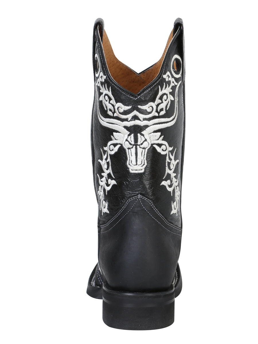 El General Men's Narrow Square Toe Cowboy Boot - Crazy Black Bull Embroidery 34313