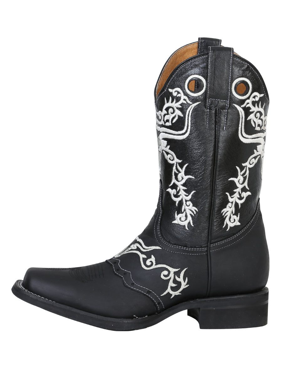 El General Men's Narrow Square Toe Cowboy Boot - Crazy Black Bull Embroidery 34313