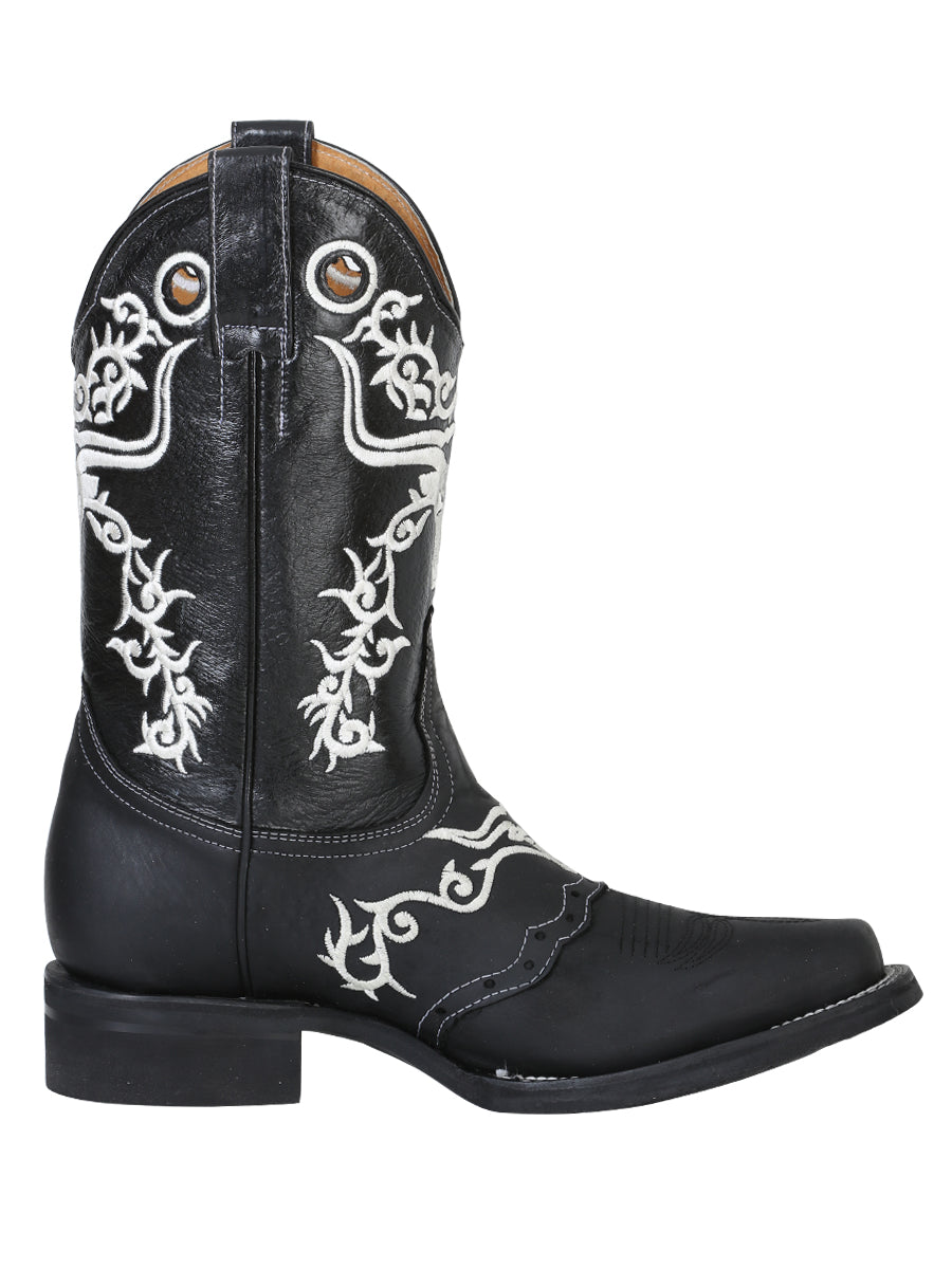 El General Men's Narrow Square Toe Cowboy Boot - Crazy Black Bull Embroidery 34313