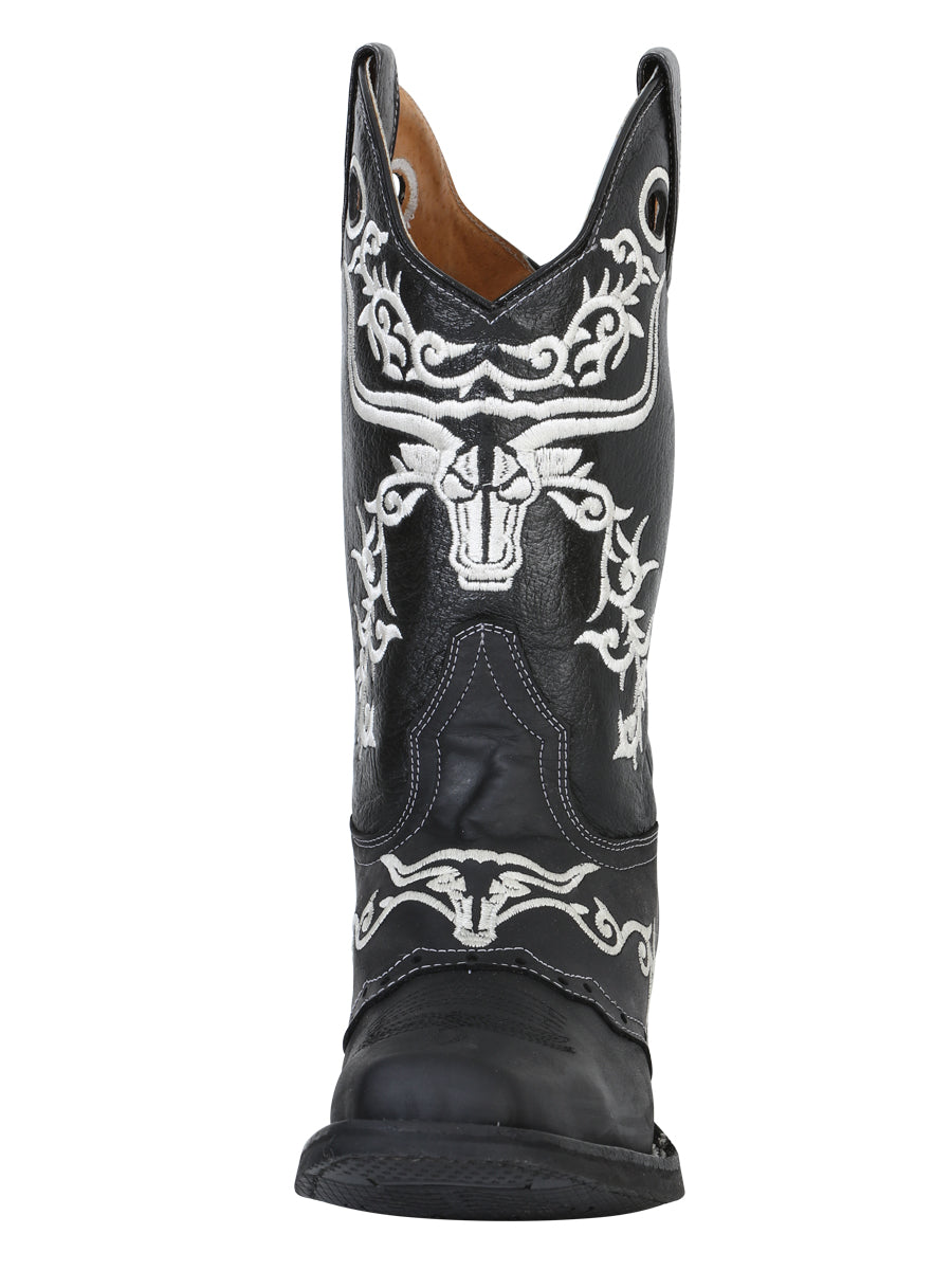 El General Men's Narrow Square Toe Cowboy Boot - Crazy Black Bull Embroidery 34313