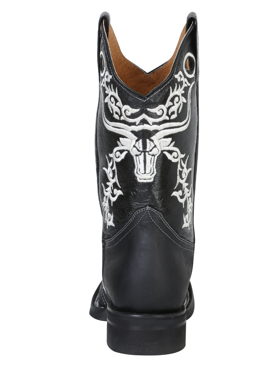 El General Men's Narrow Square Toe Cowboy Boot - Crazy Black Bull Embroidery 34313