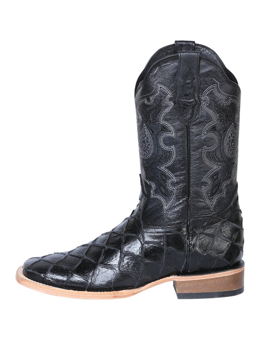 El General Men's Square Toe Cowboy Boot - Black Pirarucu Monster Fish Print 41792