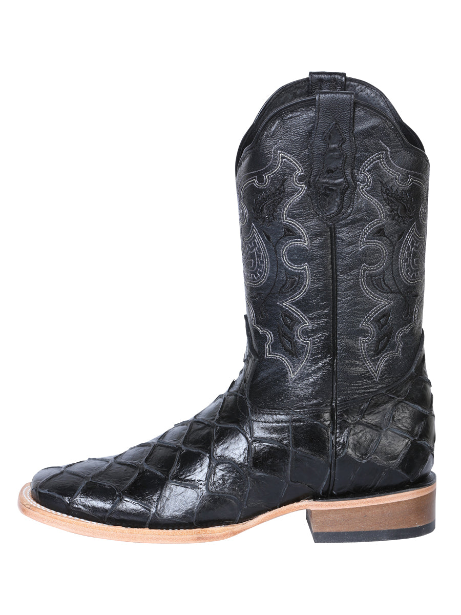 El General Men's Square Toe Cowboy Boot - Black Pirarucu Monster Fish Print 41792