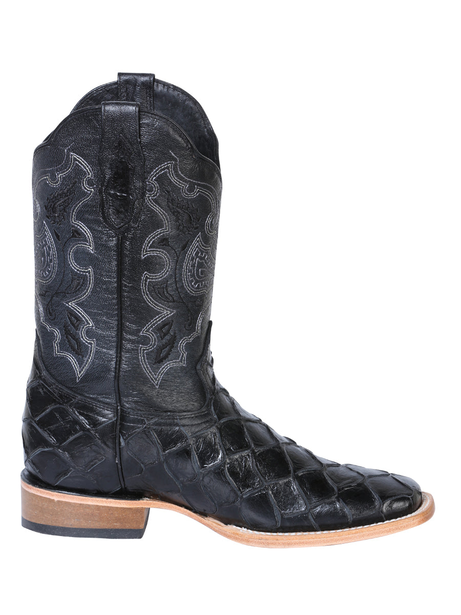 El General Men's Square Toe Cowboy Boot - Black Pirarucu Monster Fish Print 41792
