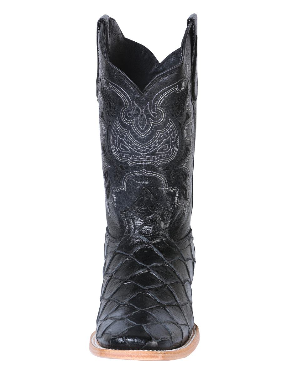El General Men's Square Toe Cowboy Boot - Black Pirarucu Monster Fish Print 41792
