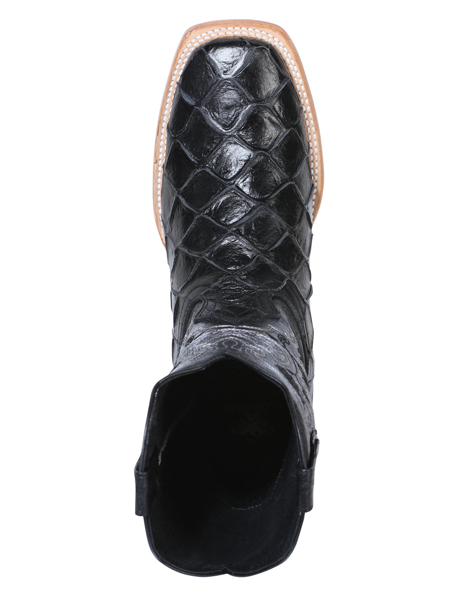 El General Men's Square Toe Cowboy Boot - Black Pirarucu Monster Fish Print 41792