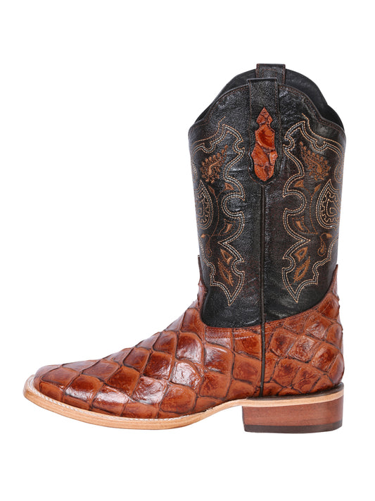 El General Men's Square Toe Cowboy Boot - Cognac Pirarucu Monster Fish Print 41793