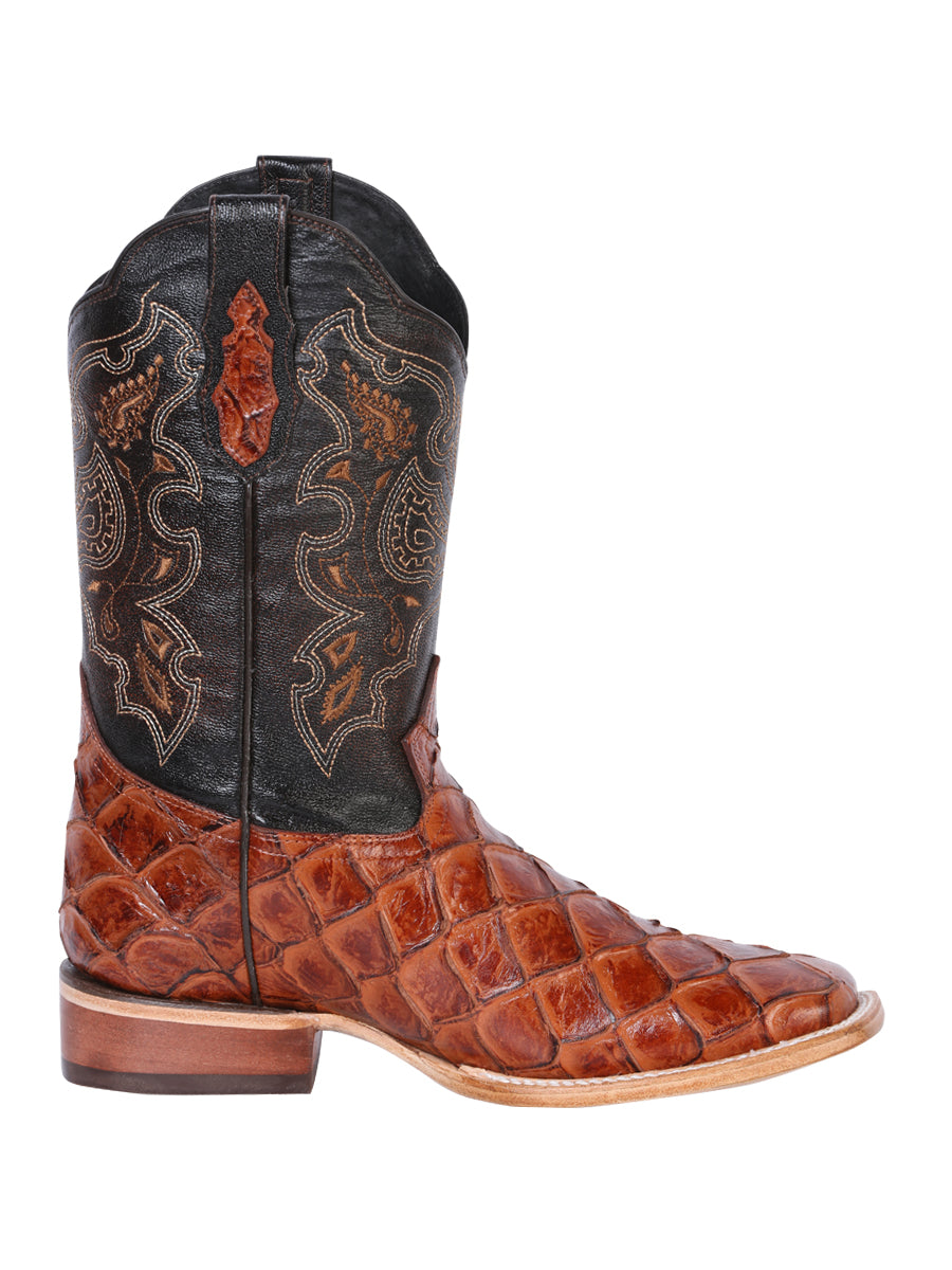 El General Men's Square Toe Cowboy Boot - Cognac Pirarucu Monster Fish Print 41793