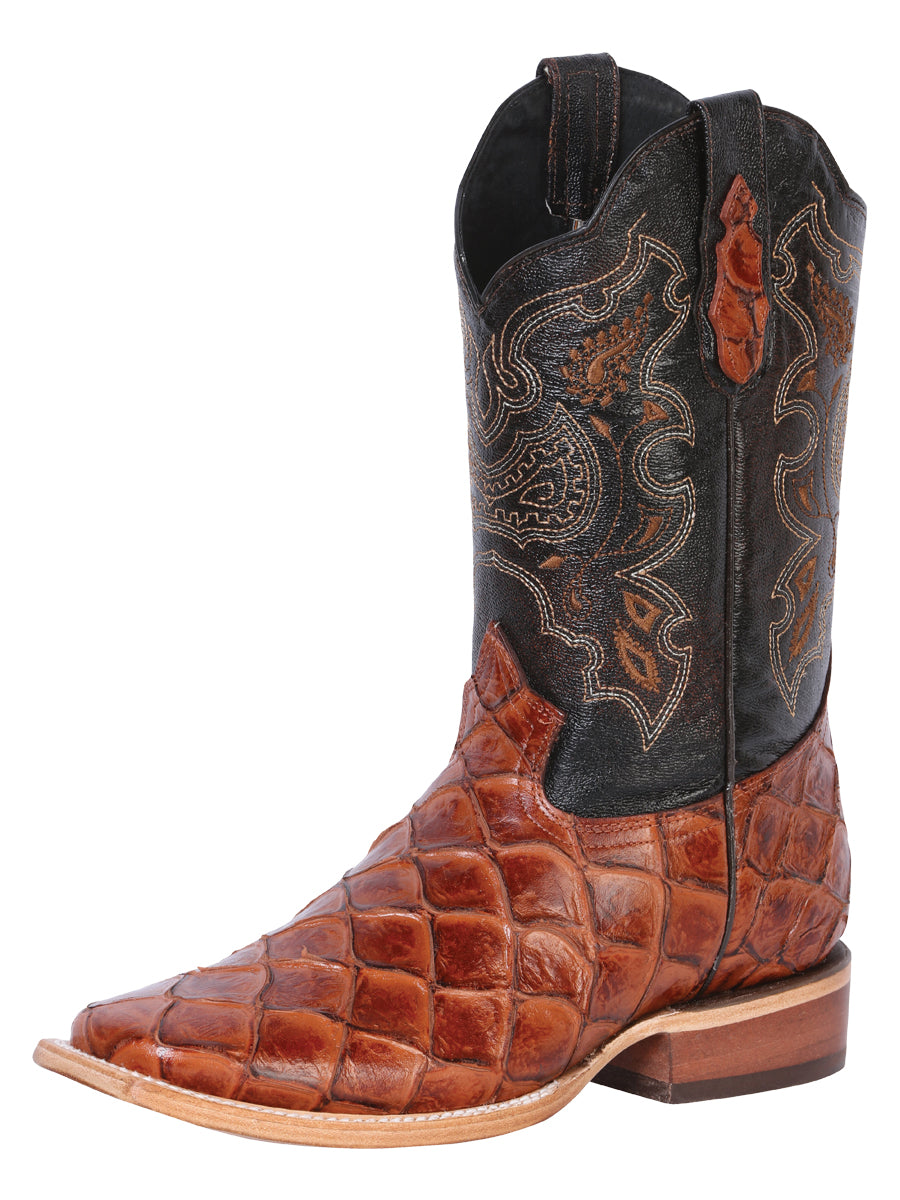 El General Men's Square Toe Cowboy Boot - Cognac Pirarucu Monster Fish Print 41793