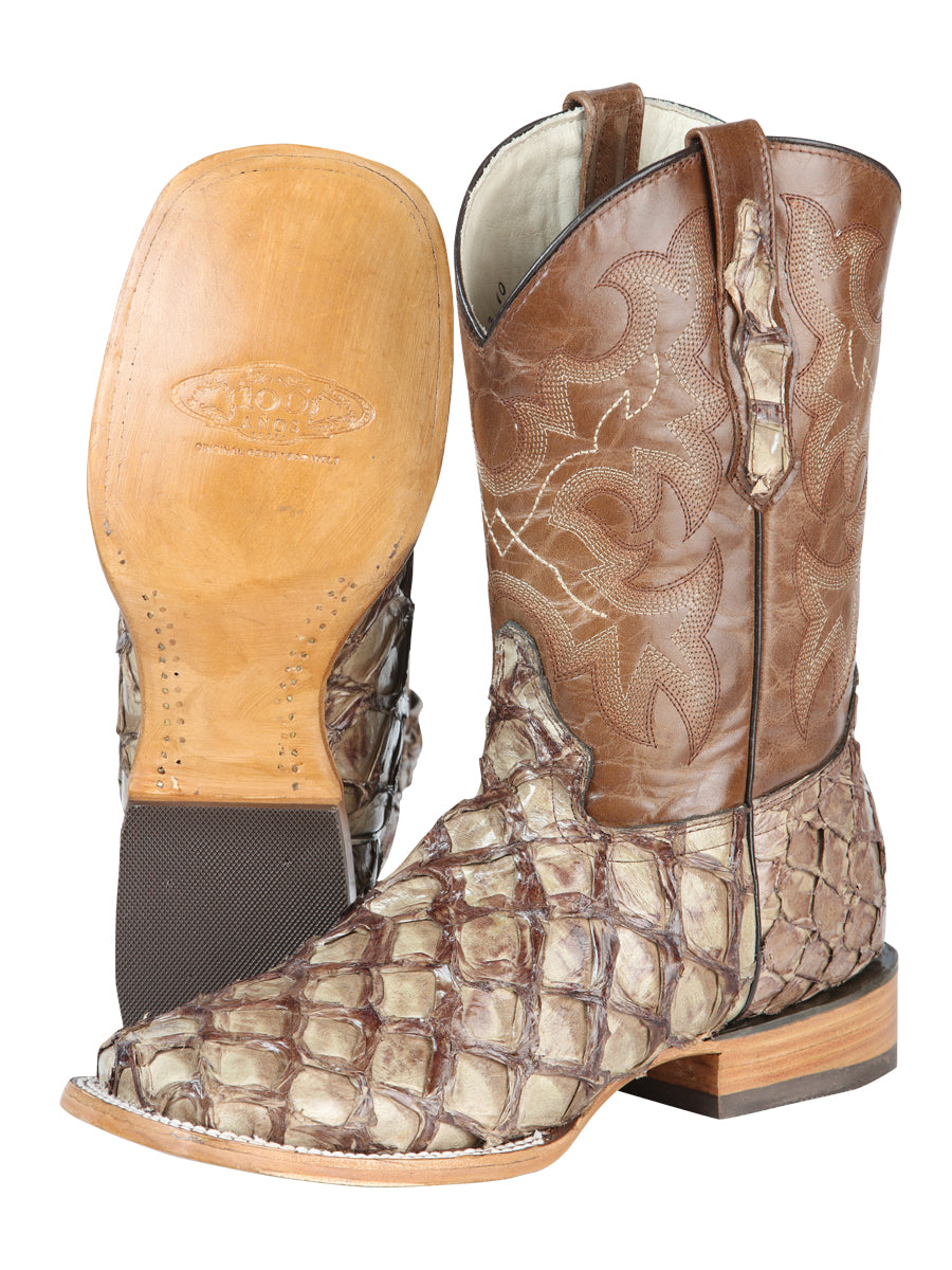 El General Men's Exotic Pirarucu Monster Fish Cowboy Boots - Cream 44114