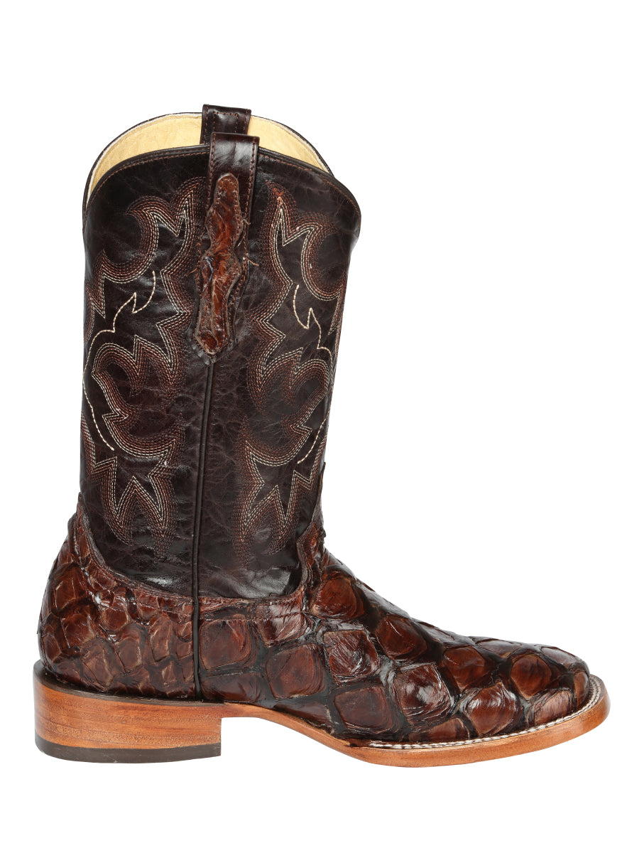 El General Men's Square Toe Exotic Pirarucu Monster Fish Cowboy Boots - Brown 44116