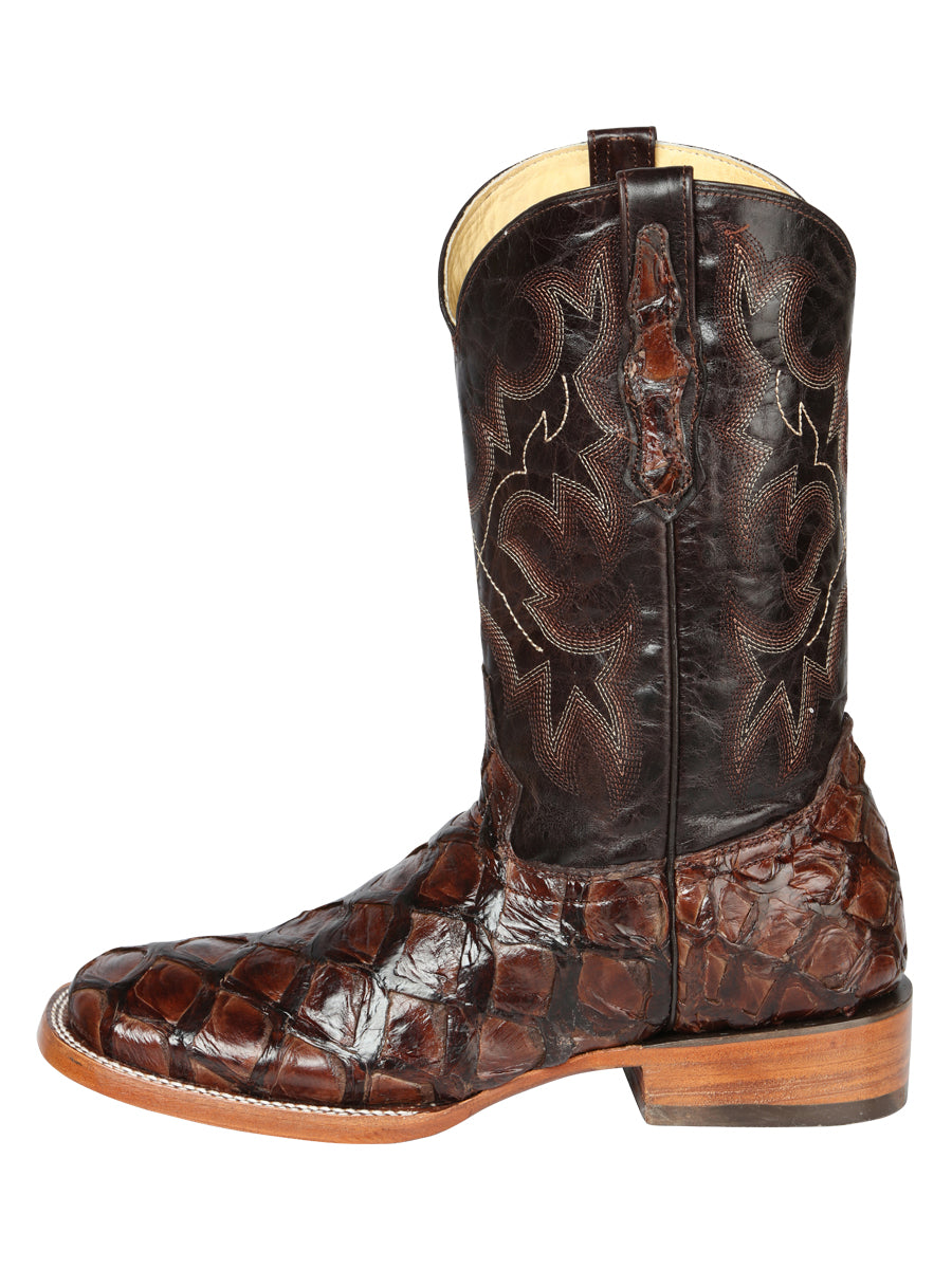 El General Men's Square Toe Exotic Pirarucu Monster Fish Cowboy Boots - Brown 44116