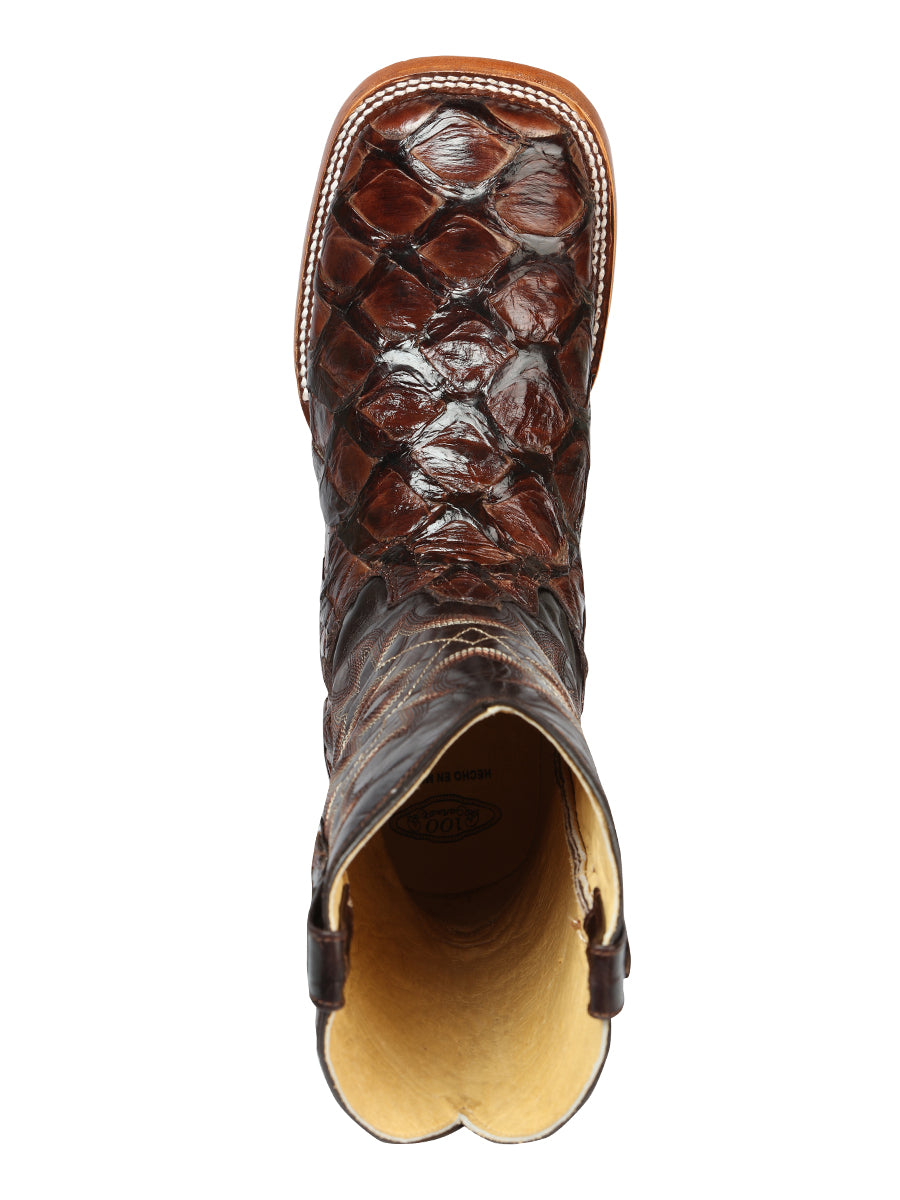 El General Men's Square Toe Exotic Pirarucu Monster Fish Cowboy Boots - Brown 44116