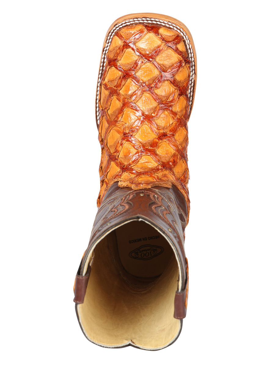 El General Men's Exotic Square Toe Pirarucu Monster Fish cowboy Boots - Honey 44606