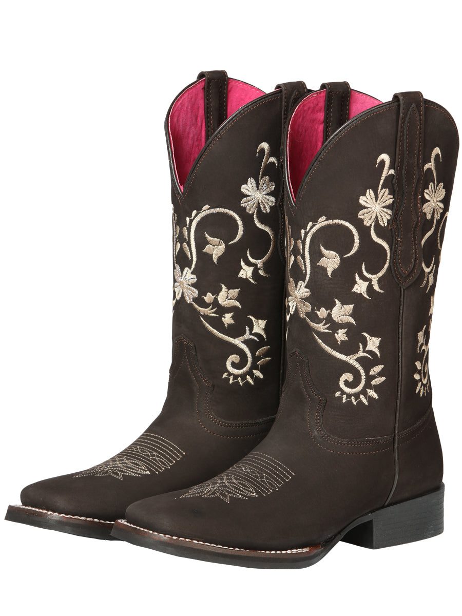 El Geneal Women's Square Toe Cowboy Boot - Nubuck Brown 44642