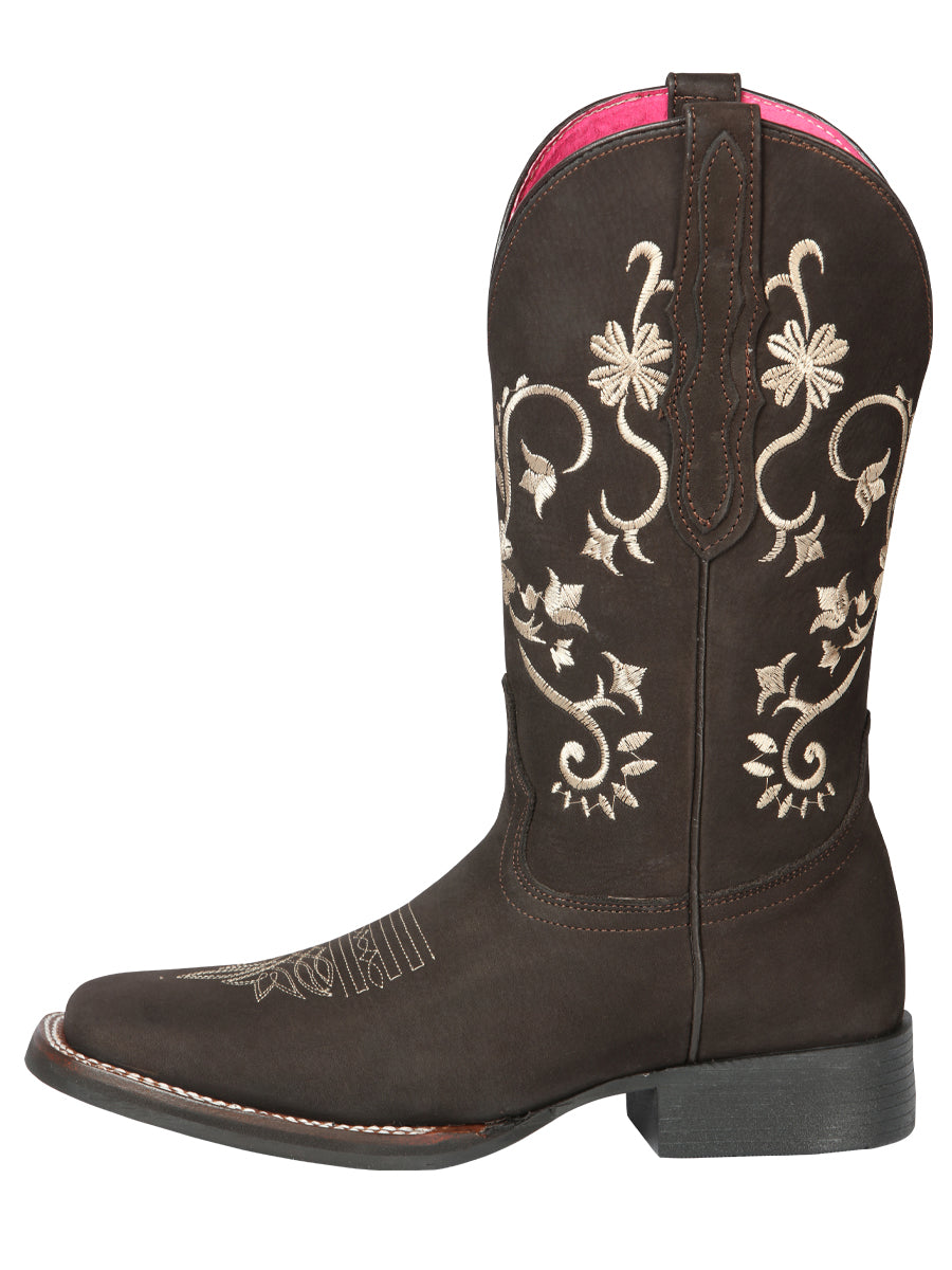 El Geneal Women's Square Toe Cowboy Boot - Nubuck Brown 44642