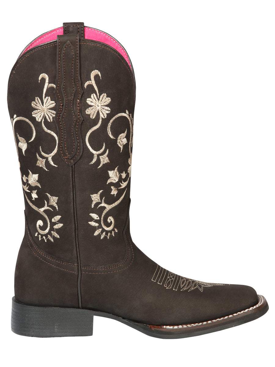 El Geneal Women's Square Toe Cowboy Boot - Nubuck Brown 44642