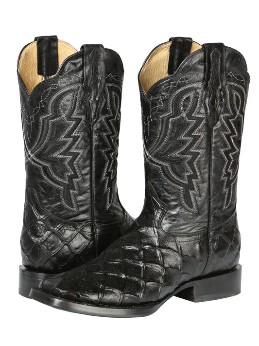El General Men's Square Toe Cowboy Boot - Black Pirarucu Monster Fish Print 44663