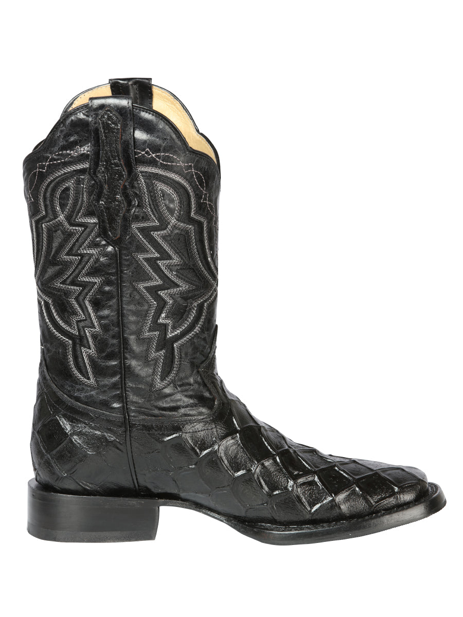 El General Men's Square Toe Cowboy Boot - Black Pirarucu Monster Fish Print 44663