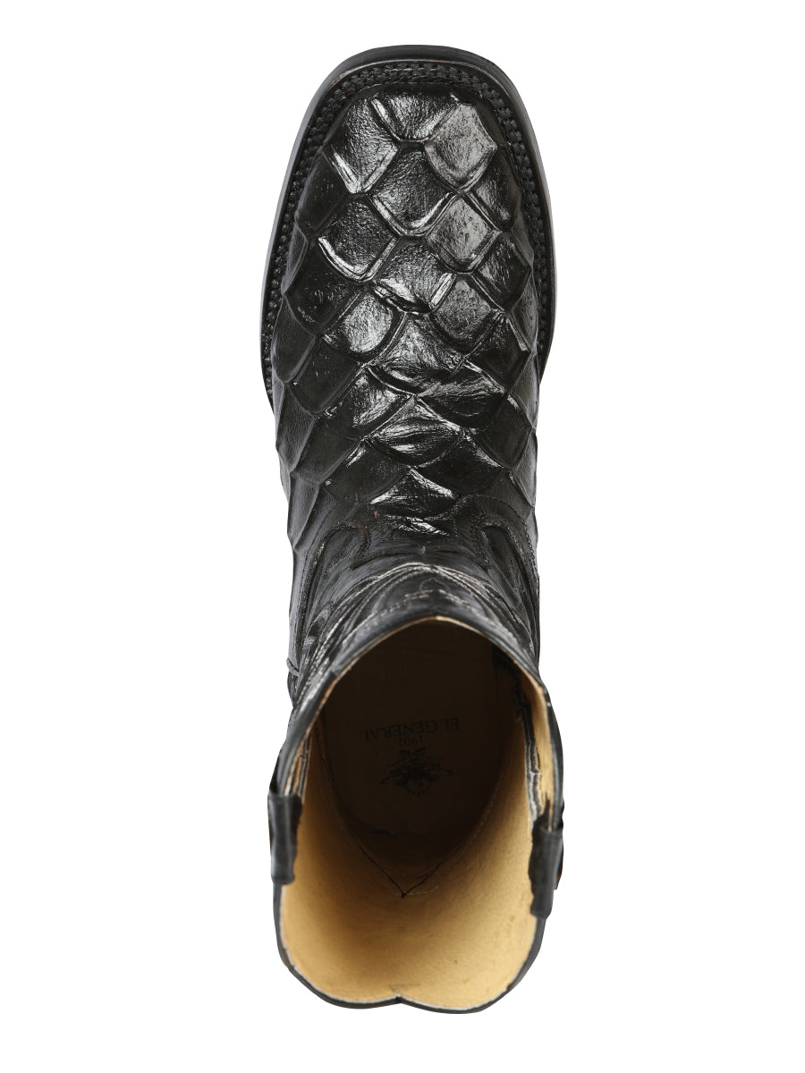 El General Men's Square Toe Cowboy Boot - Black Pirarucu Monster Fish Print 44663