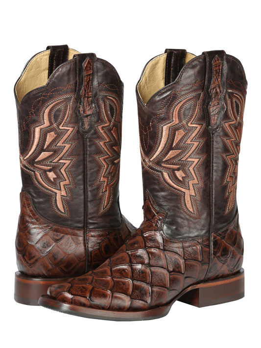 El General Men's Square Toe Cowboy Boot - Brown Pirarucu Monster Fish Print 44664