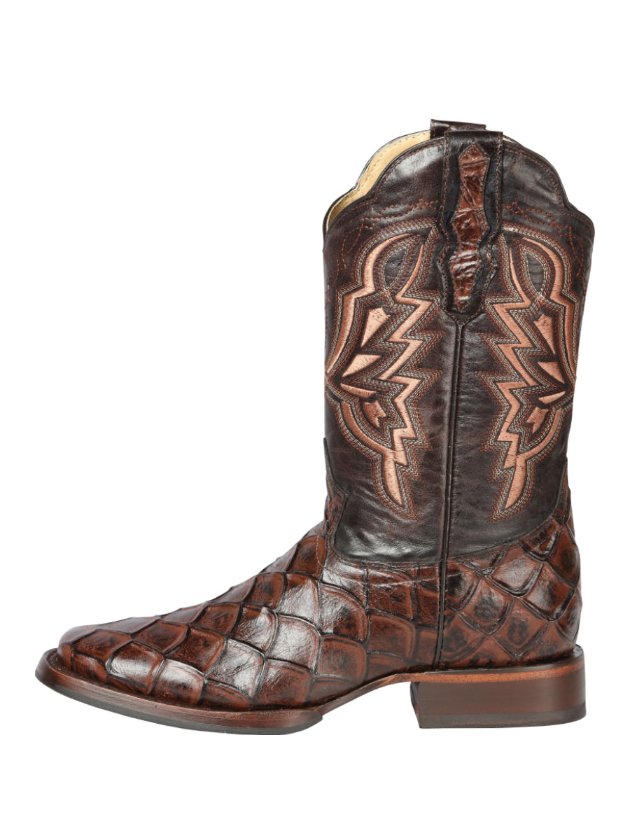 El General Men's Square Toe Cowboy Boot - Brown Pirarucu Monster Fish Print 44664