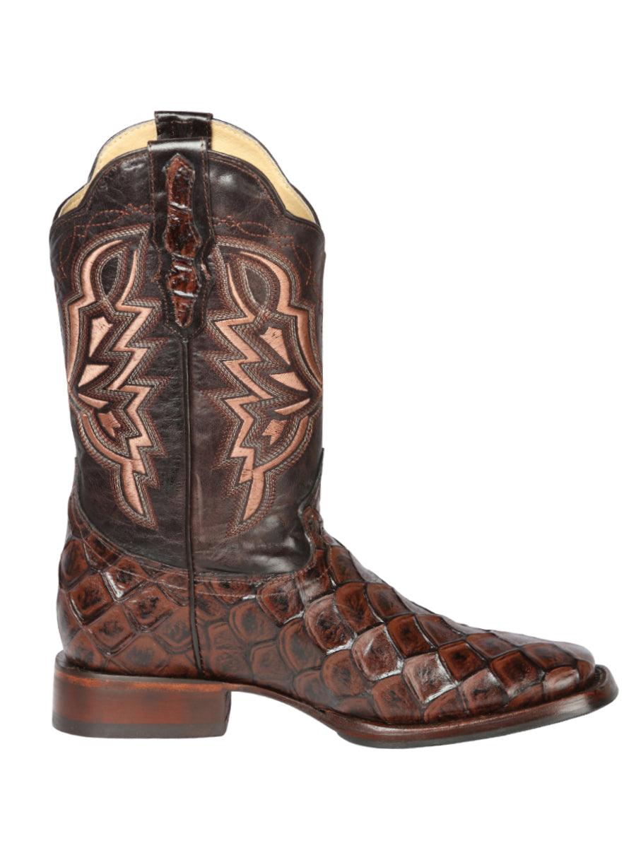 El General Men's Square Toe Cowboy Boot - Brown Pirarucu Monster Fish Print 44664