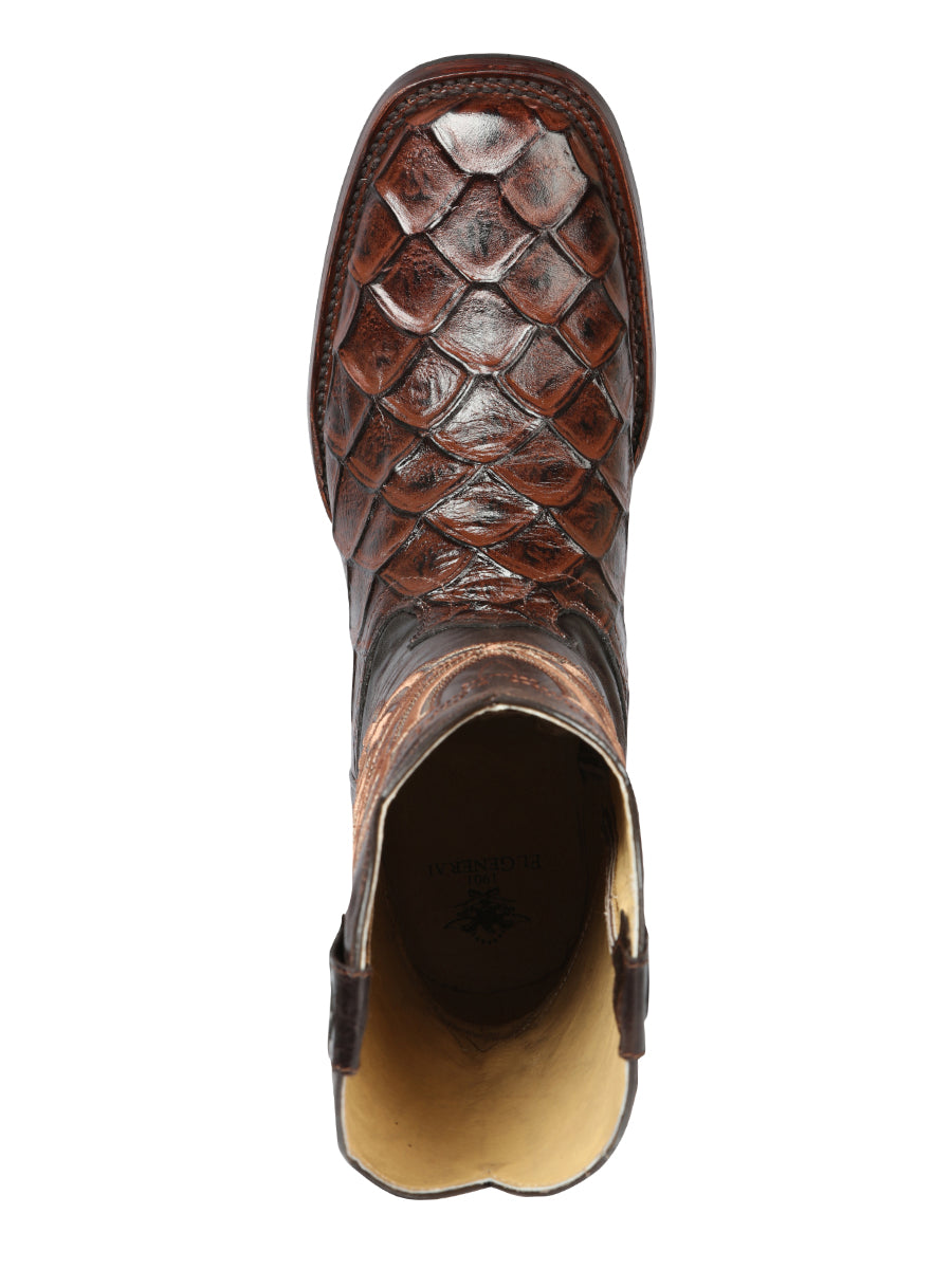 El General Men's Square Toe Cowboy Boot - Brown Pirarucu Monster Fish Print 44664