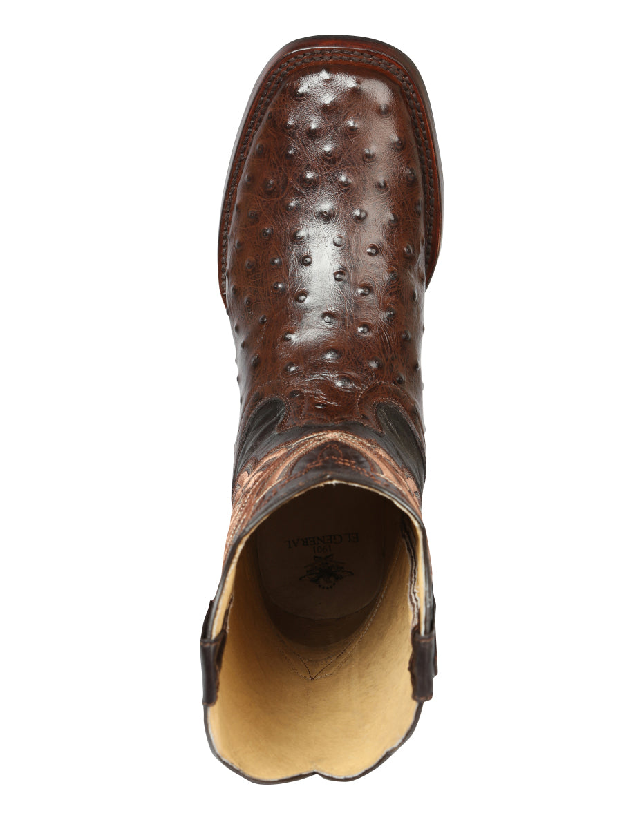 El General Men's Square Toe Cowboy Boot- Brown Ostrich Print 44665