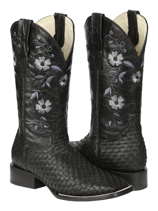 El General Women’s Square Toe Cowboy Boots Petatillo/Woven Pattern - Black 44856