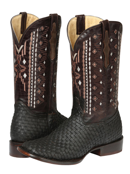 El General Men's Leather Wide Square Toe Cowboy Boots - Petatillo/Woven Pattern - Crazy Brown 44861
