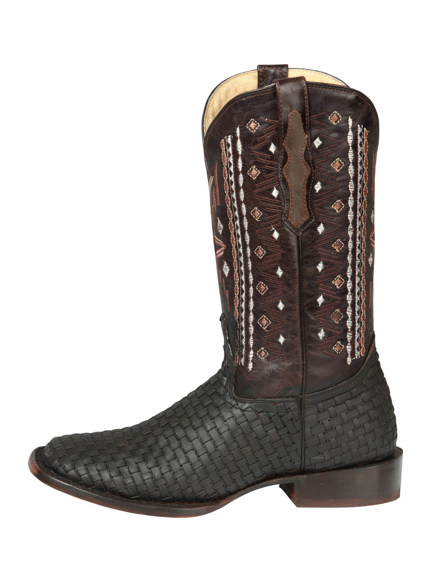 El General Men's Leather Wide Square Toe Cowboy Boots - Petatillo/Woven Pattern - Crazy Brown 44861