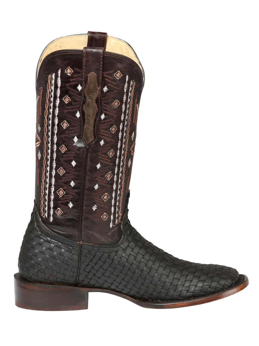 El General Men's Leather Wide Square Toe Cowboy Boots - Petatillo/Woven Pattern - Crazy Brown 44861