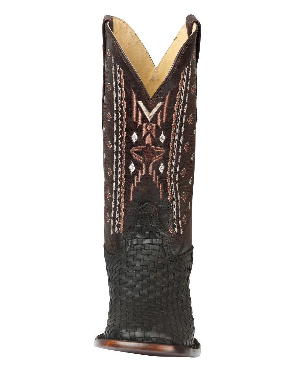 El General Men's Leather Wide Square Toe Cowboy Boots - Petatillo/Woven Pattern - Crazy Brown 44861