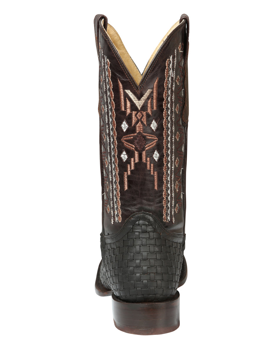 El General Men's Leather Wide Square Toe Cowboy Boots - Petatillo/Woven Pattern - Crazy Brown 44861