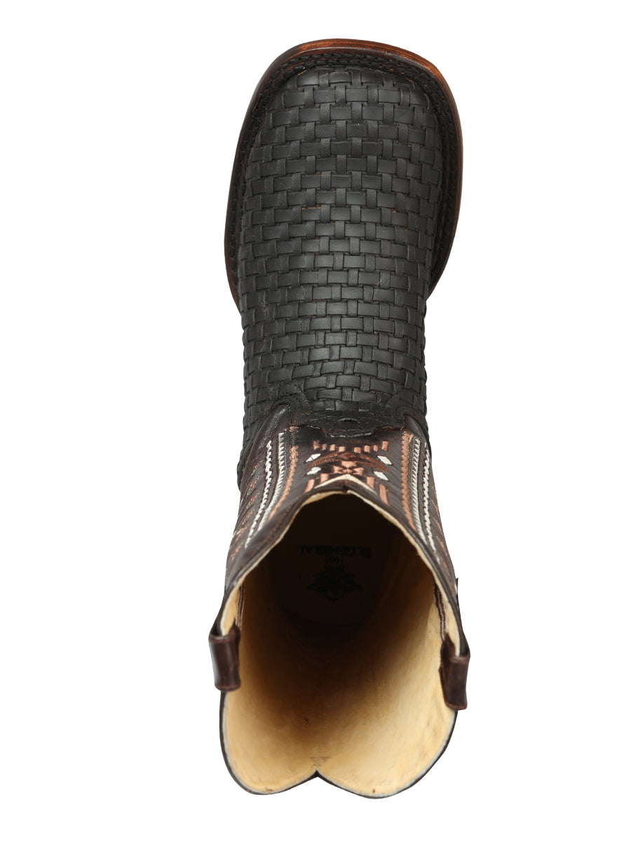 El General Men's Leather Wide Square Toe Cowboy Boots - Petatillo/Woven Pattern - Crazy Brown 44861