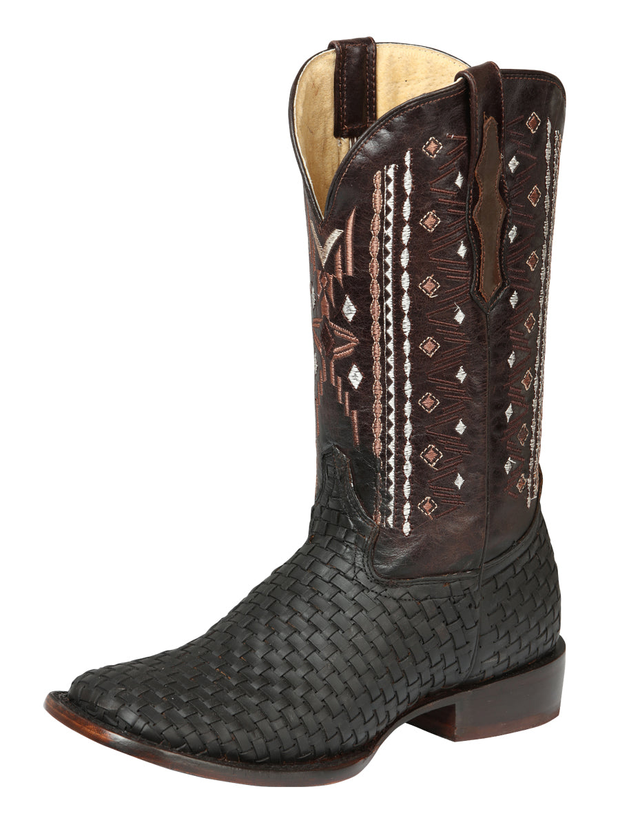 El General Men's Leather Wide Square Toe Cowboy Boots - Petatillo/Woven Pattern - Crazy Brown 44861