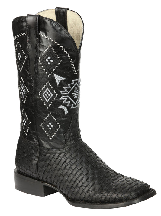 El General Men's Leather Wide Square Toe Cowboy Boots - Petatillo/Woven Pattern - Black 44884