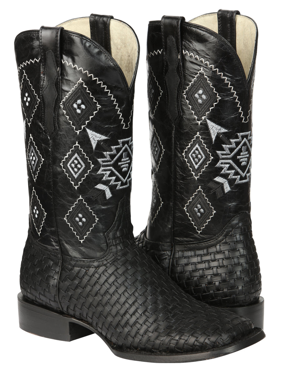 El General Men's Leather Wide Square Toe Cowboy Boots - Petatillo/Woven Pattern - Black 44884