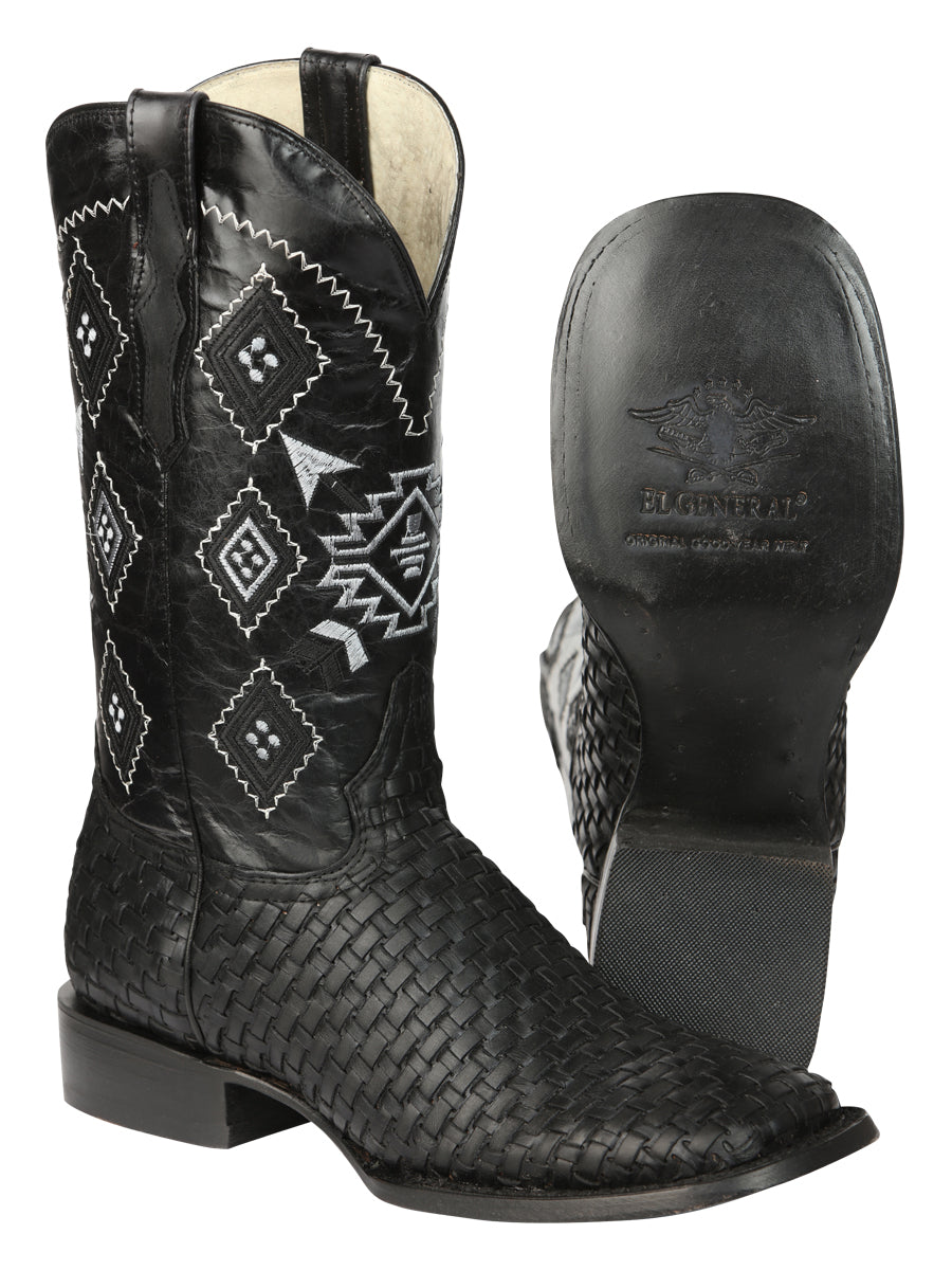 El General Men's Leather Wide Square Toe Cowboy Boots - Petatillo/Woven Pattern - Black 44884