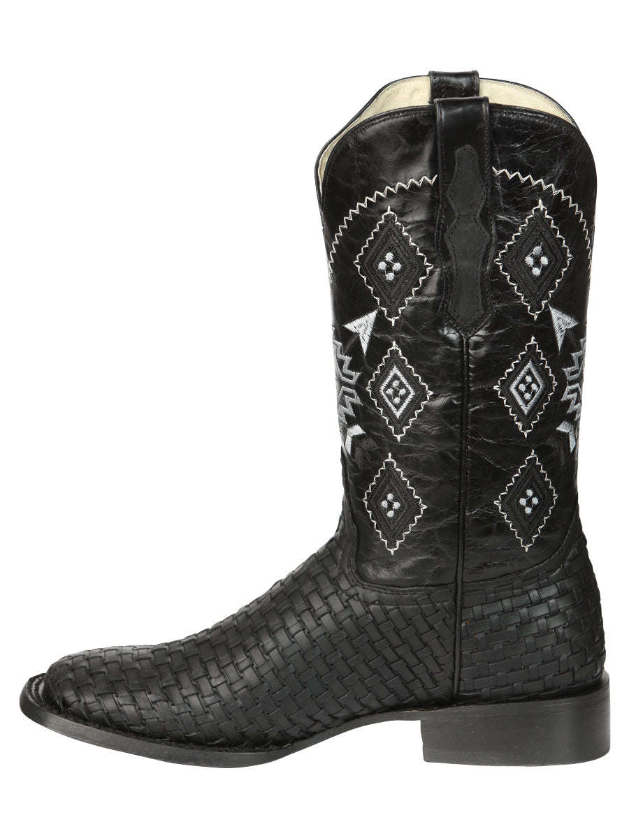 El General Men's Leather Wide Square Toe Cowboy Boots - Petatillo/Woven Pattern - Black 44884