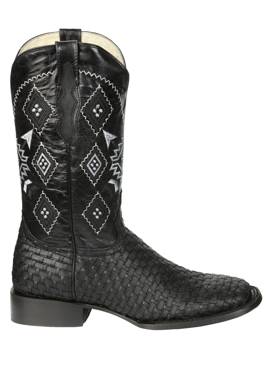El General Men's Leather Wide Square Toe Cowboy Boots - Petatillo/Woven Pattern - Black 44884