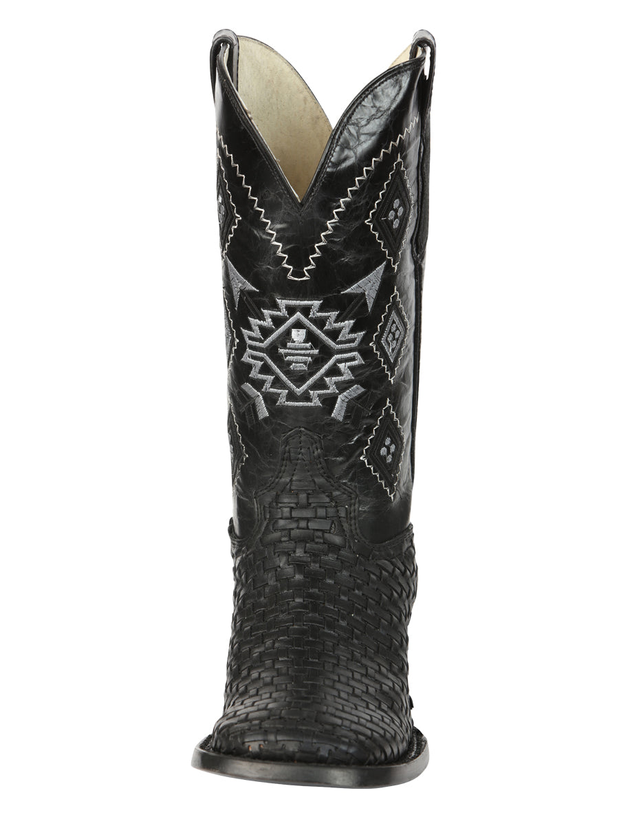 El General Men's Leather Wide Square Toe Cowboy Boots - Petatillo/Woven Pattern - Black 44884