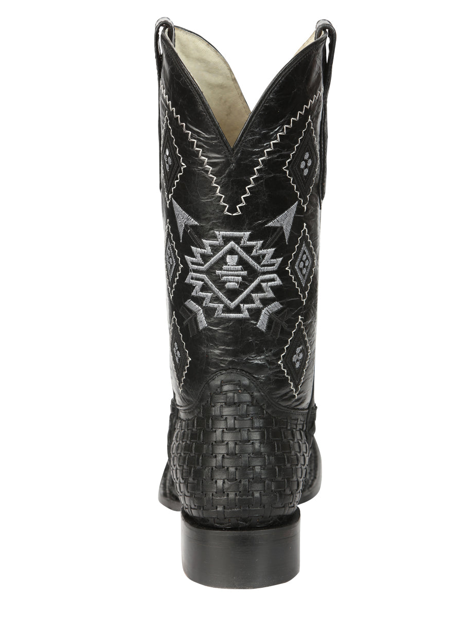 El General Men's Leather Wide Square Toe Cowboy Boots - Petatillo/Woven Pattern - Black 44884
