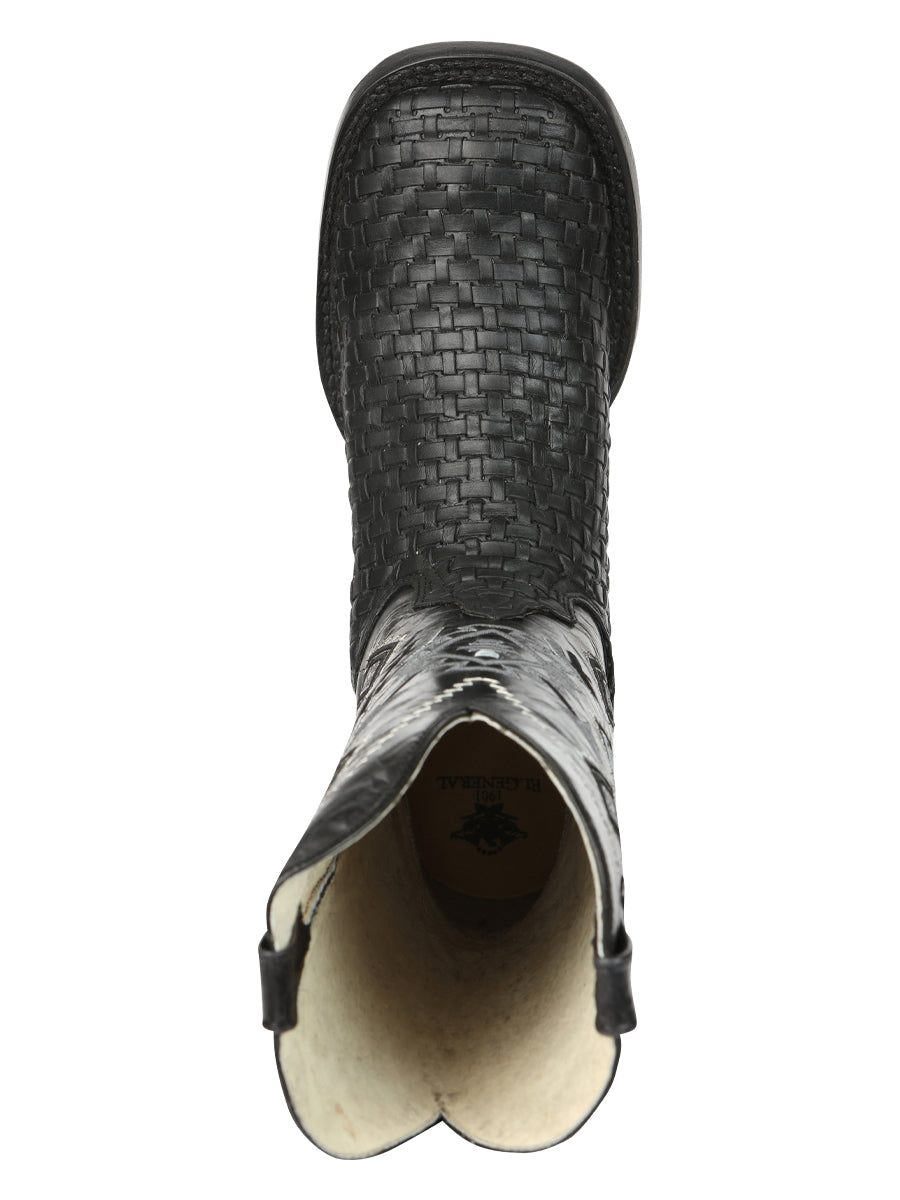 El General Men's Leather Wide Square Toe Cowboy Boots - Petatillo/Woven Pattern - Black 44884