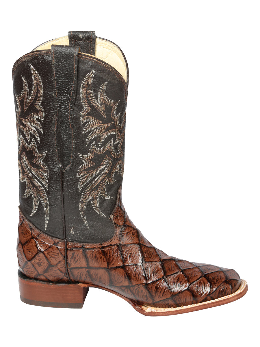 El Señor de los Cielos x El General Men’s Square Toe Cowboy Boot - Pirarucu Monster Fish Print - Brown 44931