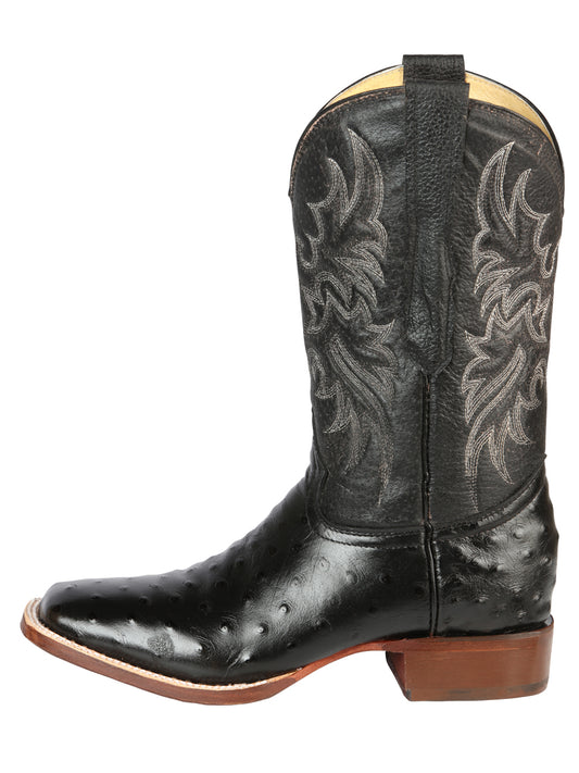 El General Men's Square Toe Leather Cowboy Boots- Ostrich Print - Black 44935